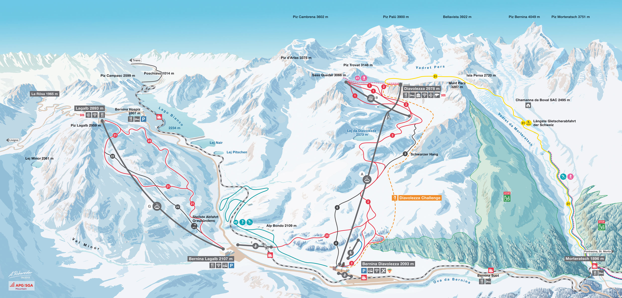 Diavolezza Lagalb Pistenplan Ski Trail Map