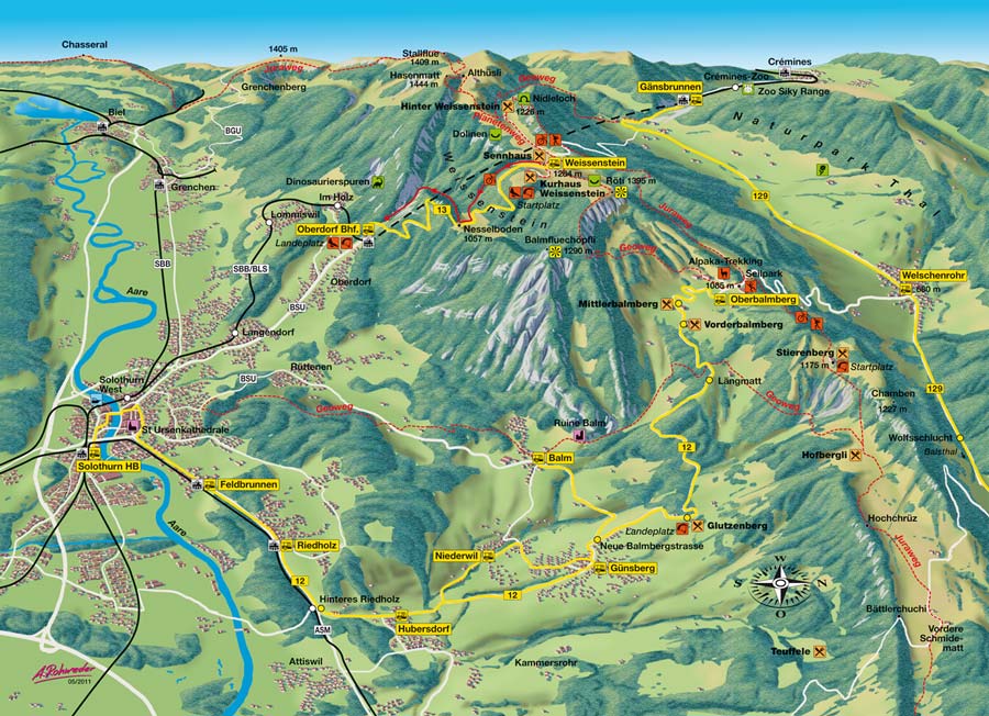 Panoramakarte und Autobusstreckenplan Balmberg-Weissenstein