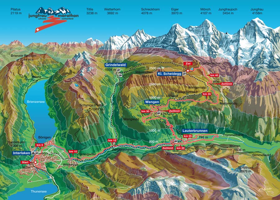 Panorama-Streckenplan des Jungfrau-Marathons mit Höhenschichten